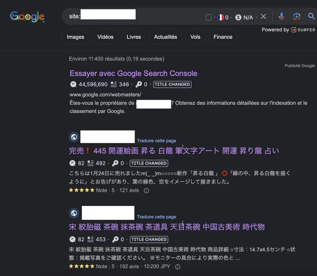 SERP Google resultats de recherche affichant URL Spam de type keyword japanese hack