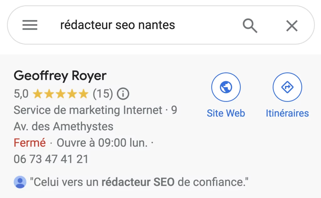 extrait google fiche etablissement avec avis client resultat enrichi