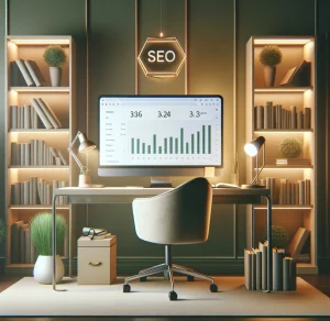 bureau et bibliotheque avec ordinateur ouvert sur courbe d audit seo redactionnel