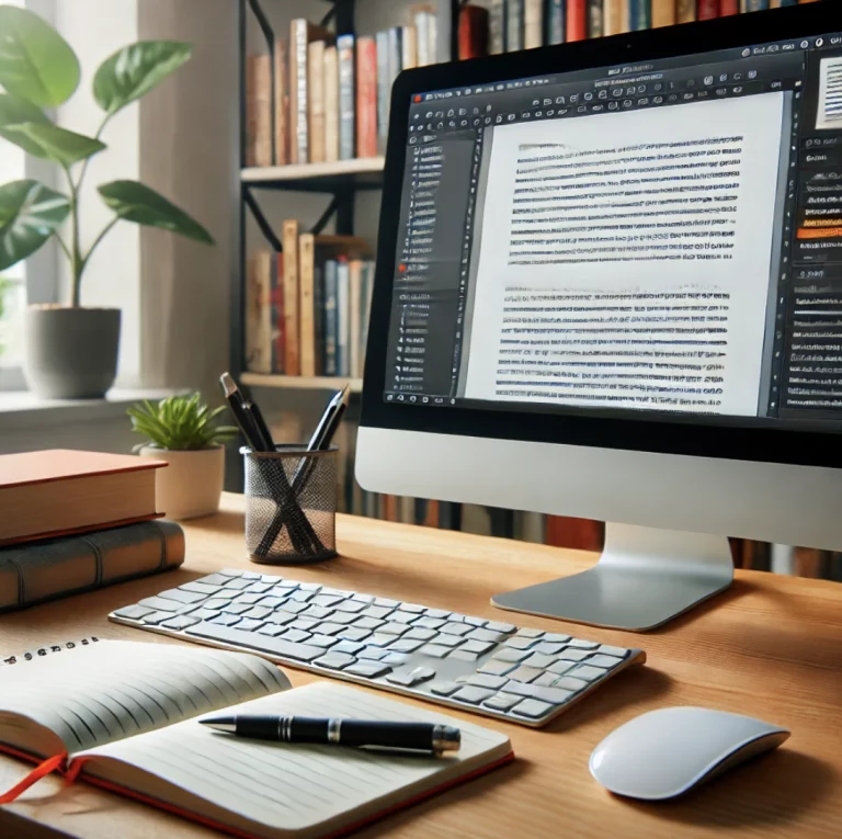 un espace de travail professionnel avec un ordinateur portable, une tasse de café et un carnet de notes.