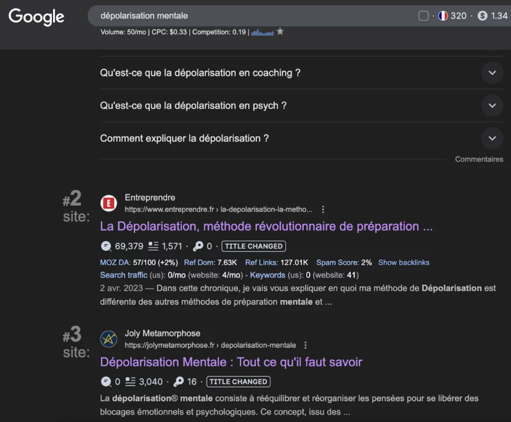 position google sur mot cle depolarisation mentale pour le site de vincent joly 3e place google
