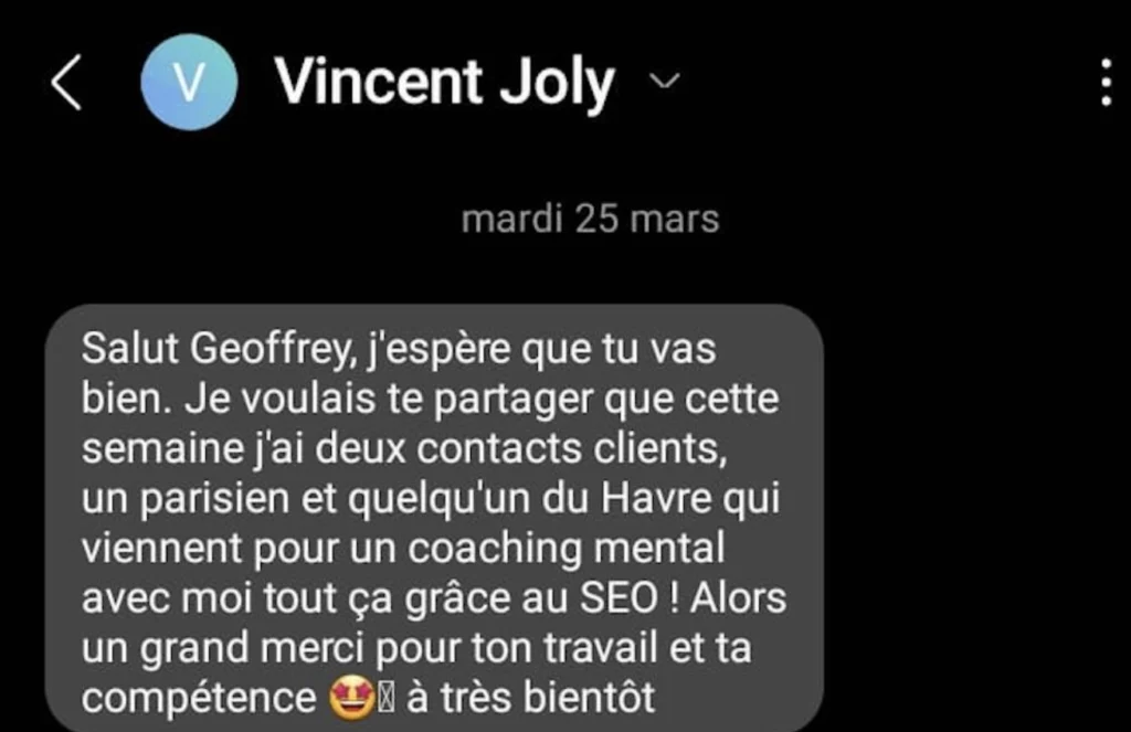 SMS de Vincent Joly informant qu il a trouve des clients en coaching grace au SEO de son site internet