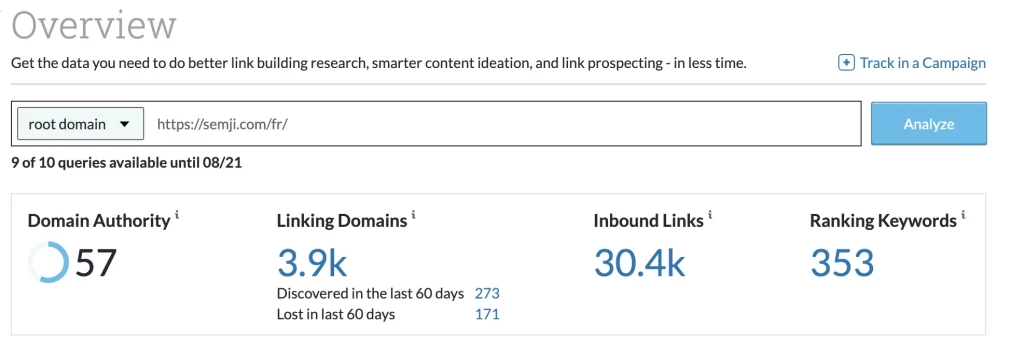 indiacteurs en backlinkgs DA et netlinking rapport de Moz