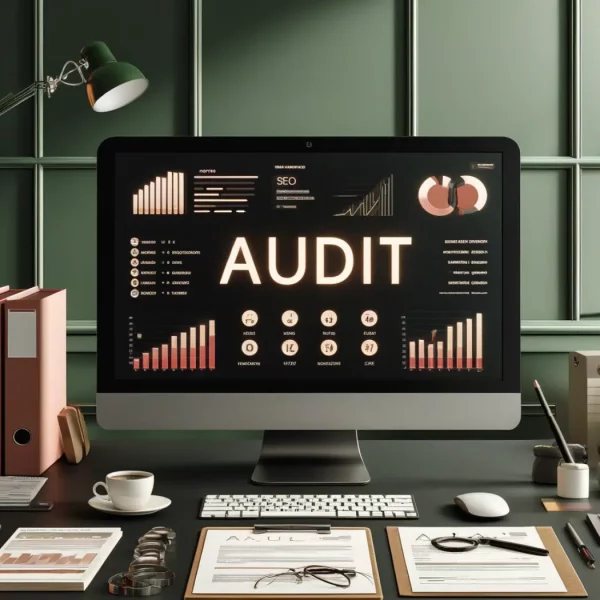 ecran d ordinateur fixe avec marque audit dessus et graphiques analytiques data seo