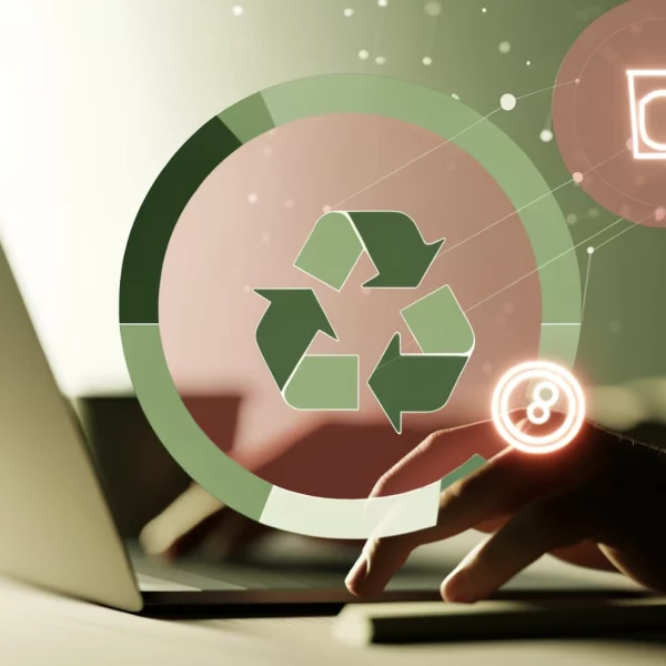 signe du recyclage en vert avec en fond ordinateur portable