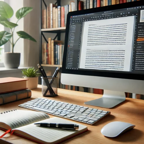 un espace de travail professionnel avec un ordinateur portable, une tasse de café et un carnet de notes.