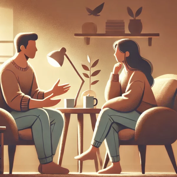 Mise en scène de deux personnes engagees dans une conversation chaleureuse et ouverte et evoquant les emotions, le devoilement et l'echange authentique.