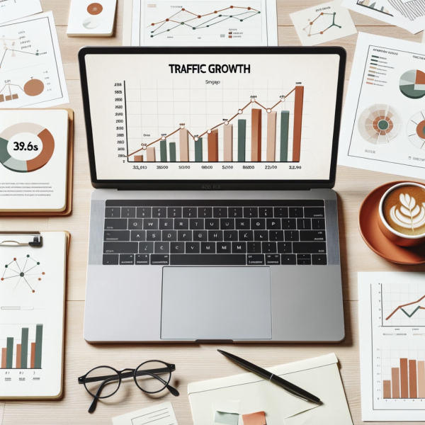 ordinateur portable affichant des statistiques et metriqus en hausse liees au seo du site vitrine