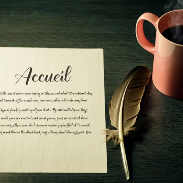 Bureau d une personne se demandant comment rediger la page d accueil avec plume, carnet et materiel ecriture