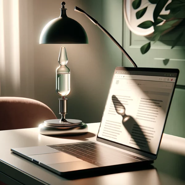 ordinateur avec lampe et ecran ouvert sur logiciel de traitement de texte en ligne