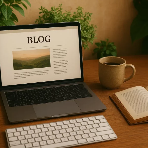 ordinateur portable sur bureau ouvert sur blog avec libre tasse et plante verte