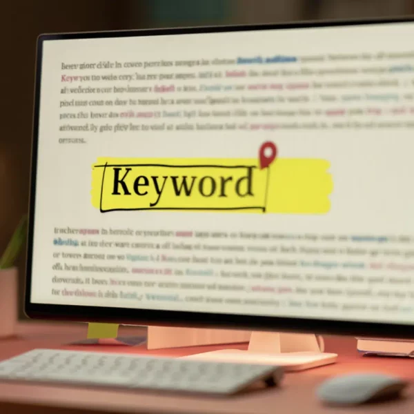 ecran d ordinateur avec texte affiché en flou et le mot "keyword" ecrit en surligne jaune
