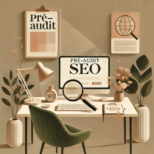 chaise de bureau avec ordinateur avec ecrit pre audit seo