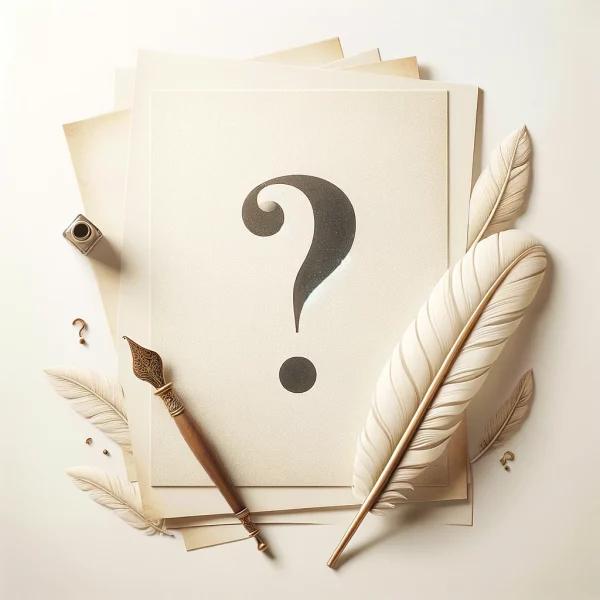 papier avec un point d interrogation et une plume d encre noire et beige