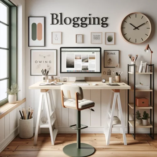 bureau lumineux sur fond blanc avec marque blogging sur le mur