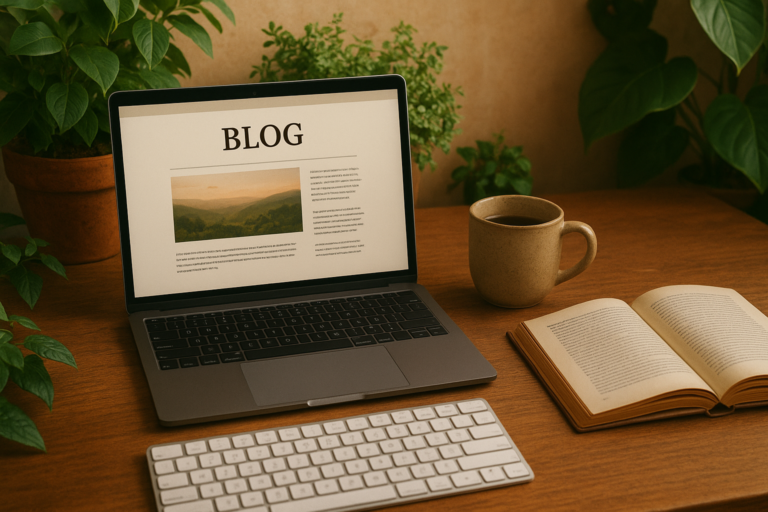 ordinateur portable sur bureau ouvert sur blog avec libre tasse et plante verte