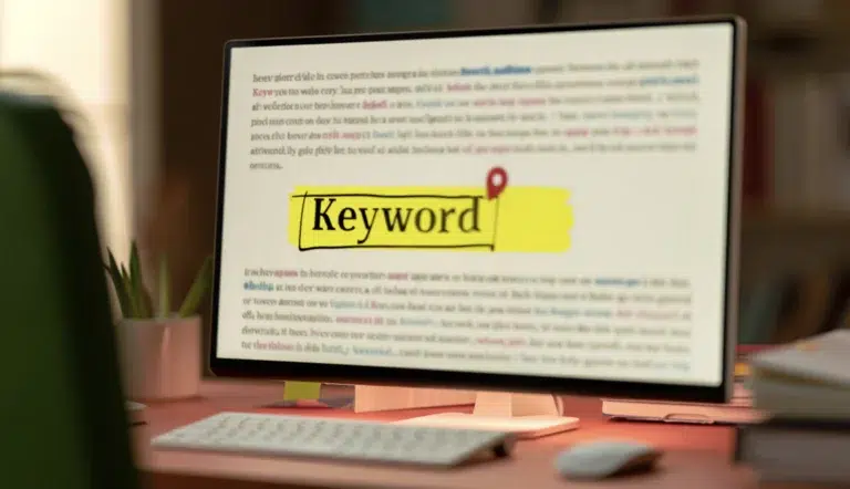 ecran d ordinateur avec texte affiché en flou et le mot "keyword" ecrit en surligne jaune