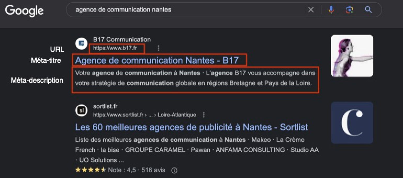 exemple de metadonnees sur page de resultats Google