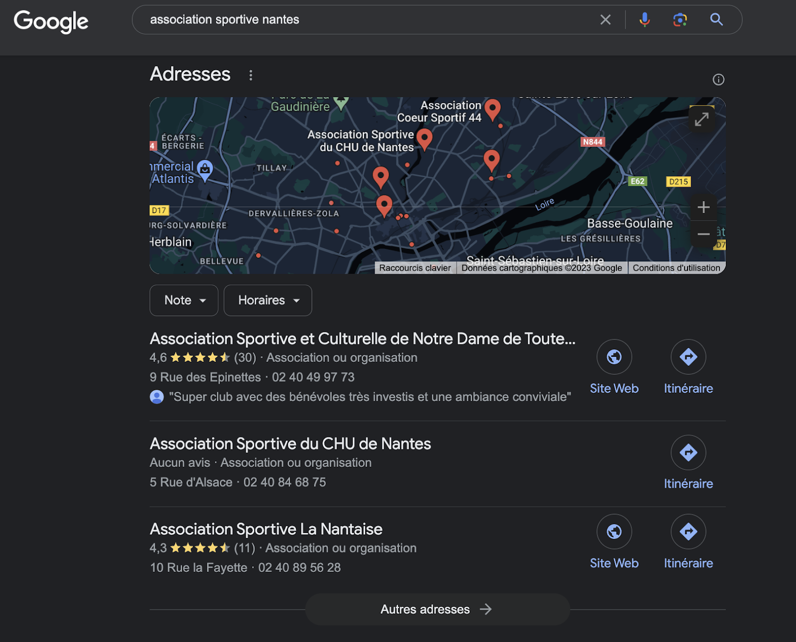 page de resultats google map pour seo local et geolocalise