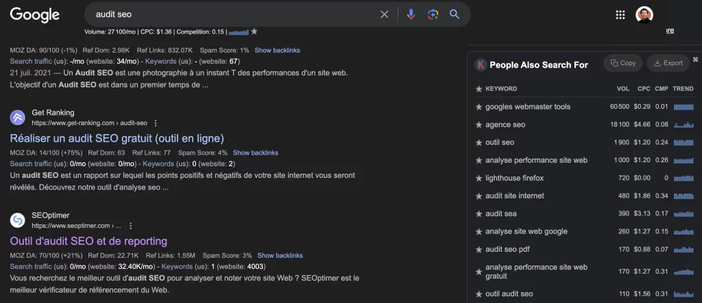 affichage google avec l outil audit seo keywordseverywhere extension chrome