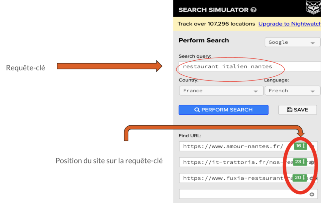 extrait de nightwatch search simulator pour connaitre sa position seo