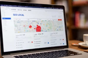 Ecran d ordinateur portable ouvert sur une carte Google maps dans le cadre d une strategie de seo regional et local