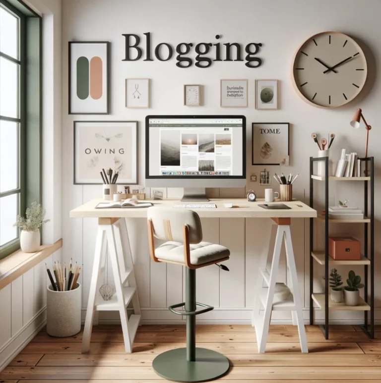 bureau lumineux sur fond blanc avec marque blogging sur le mur