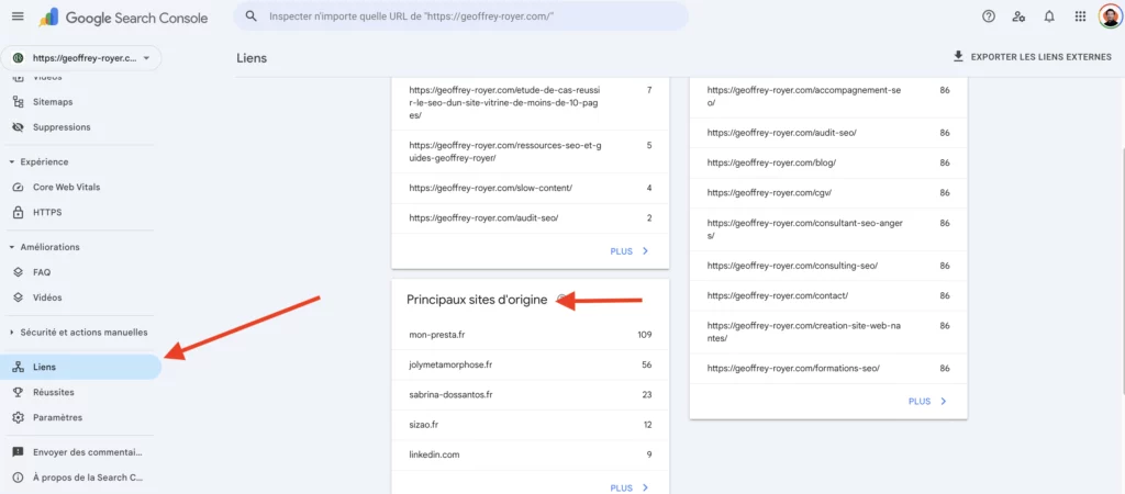 liste liens externes entrants via gsc seo